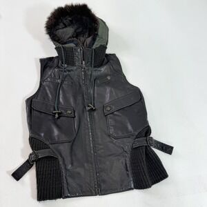 June Leather Vest Womens Medium Black Hooded Fur Trim Biker Belted Pockets
